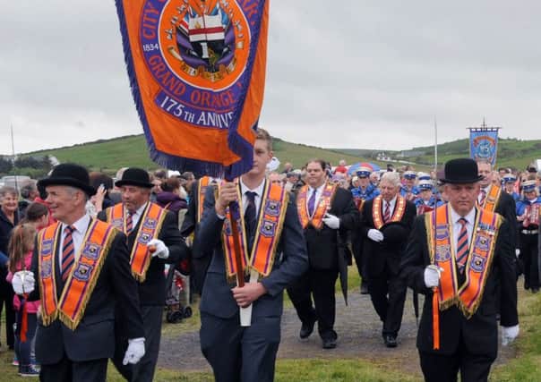 Brethren from the City of Londonderry Grand Orange Lodge pictured arriving at the demonstration field at the annual Twelfth parade in Rossnowlagh on Saturday 11th July.