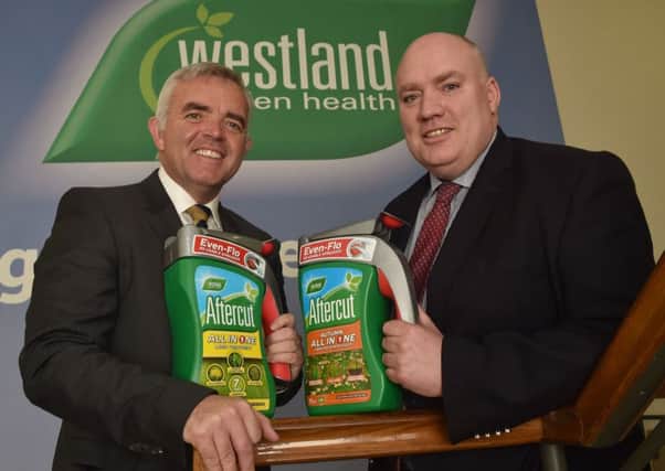 Enterprise, Trade and Investment Minister Jonathan Bell is pictured with Robert Lavery  of  Westland Horticulture following today's announcement that the Dungannon firm is to create 70 new jobs as part of a  £9.6 million expansion.
Photo by Simon Graham/Harrison Photography
