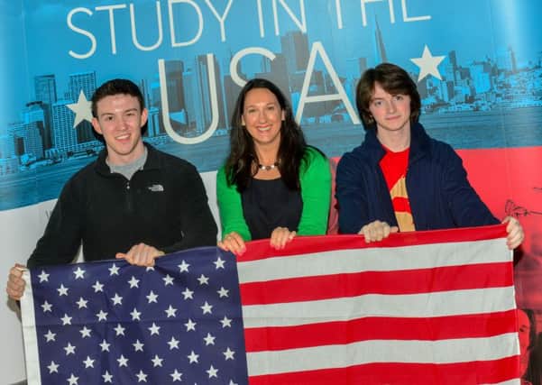 Adam McCoy (third from left) and  Matthew Gamble are joined by Karen McCormack from the British Council to celebrate securing a place on the Study USA programme.  INCT 28-721-CON