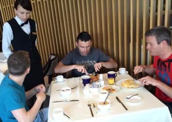 Glenavon players at breakfast in their Minsk hotel.
