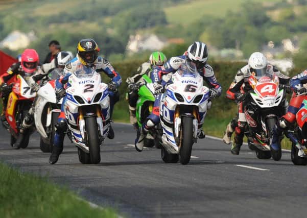 From L-R Guy Martin , William Dunlop , Dan Kneen and Michael Dunlop  during the Race of Legends Race at the Armoy road races.
Photo Stephen Davison /Pacemaker Press