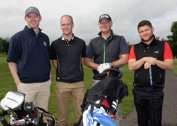 Jonathon McNeill, Peter Houston, Paul Houston and James Taylor about to tee off at Galgorm Castle Golf Club. INBT28-241AC