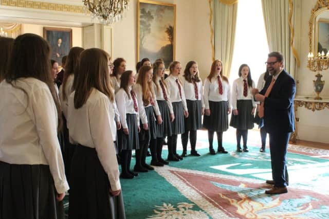 Carrickfergus Grammar Choir perform for President Higgins in Áras an Uachtaráin. INCT 28-706-CON
