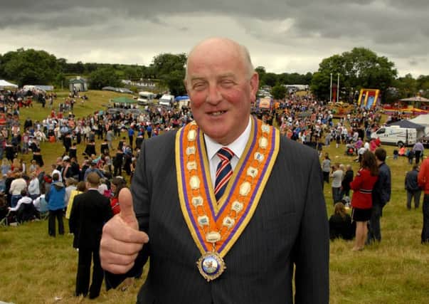 Most Worshipful Bro. Edward Stevenson, Grand Master Grand Lodge of Ireland, liked the festival atmosphere of the County Armagh  Flagship Twelfth.  © Photo: Gary Gardiner.  INNL-Bessbrook 4.