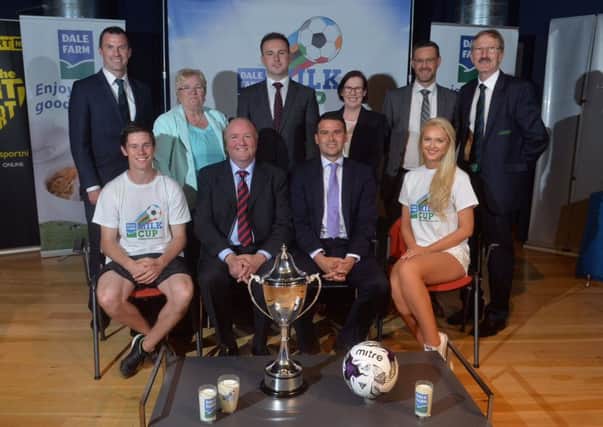 Representatives of Mid and East Antrim Council, pictured at last month's Milk Cup draw with tournament chairman Victor Leonard and former Northern Ireland striker David Healy, who made the draw. Included are: 
Mark Wilson (Duty Manager, Ballymena Showgrounds), Councillor Beth Adger (Operational Committee Vice Chair), the Councils , Andrew Wilson (Operational Committee Chairman), Bernie Candlish (Head of Leisure, Arts & Culture) and Philip Thompson (Operations Director).