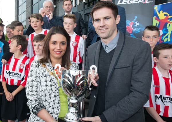 The Mayor, Councillor Elisiah McCallion pictured with former Republic of Ireland International Kevin Kilbane at the launch of the 2015 Hughes Insurance Foyle Cup.