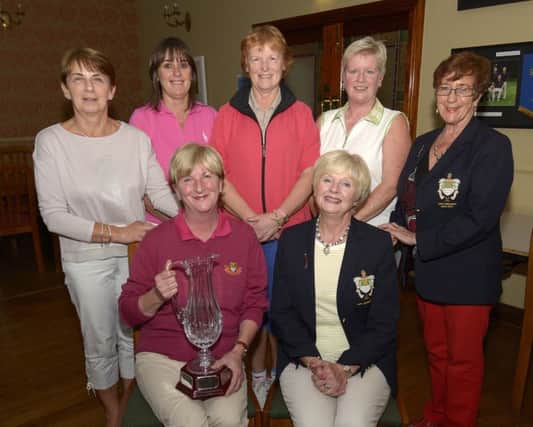 Lady Captain Lorna Poots and Lady President Glennis Smyth pictured with the prizewinners in the Golf Shop sponsored Centenary Cup, Sharon Allen (winner), Robena McCandless, Valerie Malcomson, Ann Blevins and Fionnuala Crossey ©Edward Byrne Photography INBL1528-200EB