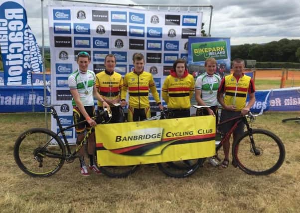The five Banbridge cyclists who won National titles in Tipperary at the weekend. From left to right: James Curry, Jon Runciman (second support race), John Buller, Shannon Buller, Gareth McKee and William Mulligan.