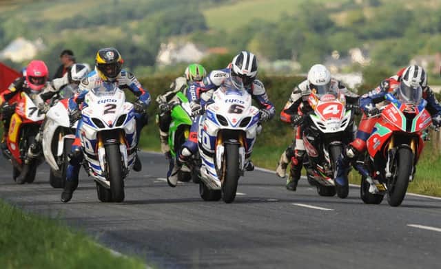 PACEMAKER BELFAST   26/7/2014      
 From L-R Guy Martin , William Dunlop , Dan Kneen and Michael Dunlop  during the Race of Legends Race   at todays Armoy road races.
Photo Stephen Davison /Pacemaker Press
