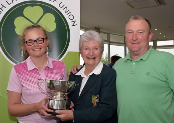 2015 Irish Girls Champion, Annabel Wilson (Lurgan), Irene Poynton (Director of Junior Golf) and Annabels father Andy Wilson.
