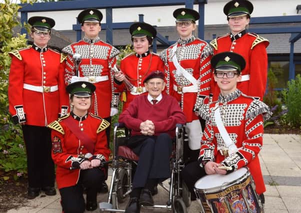 Pictured with 92-year-old Somme Nursing Home resident, Corporal Tom Addley are (kneeling) Cadet Sergeant Lauren Miniss and Cadet Drummer James Matheson and (back row, from left) Cadet Drummer Courtney Lynn; Cadet Drum Major Jack Cummings; Cadet Drummer Aidan Farndell and Cadet Lance Sergeants Leah Lynn and Lisa Foster.Picture submitted