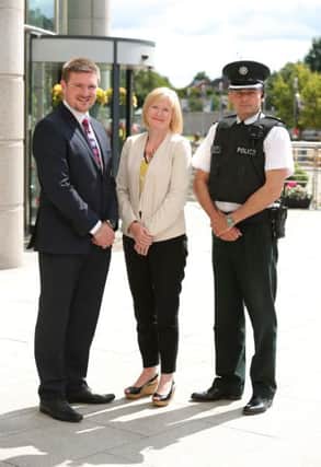 Councillor Scott Carson, the new Chairman of the Lisburn & Castlereagh PCSP, pictured with Mrs Carmel Connolly, Head of Central Support Services at Lisburn & Castlereagh City Council and Superintendent Sean Wright from the PSNI.