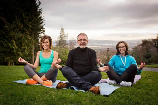 Mindfulness enthusiast Leanne Reilly with Aware mindfulness practitioner Frank Liddy and Aware Chief Executive, Siobhan Doherty