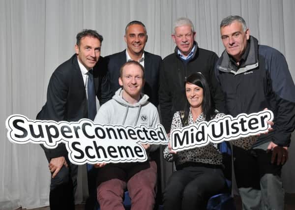 Councillor Linda Dillon, Chair, Mid Ulster District Council marks the launch of SuperConnected Voucher Scheme in Mid Ulster with some representatives of Maghera businesses: Back: Kieran Bradley, Walshs Hotel, Gary Burns, Burns Homes, Pat Cassidy, C3 Computers and Michael Gormley, Gormley Funeral Homes and front: Neil Hyndman, The Auction Room.