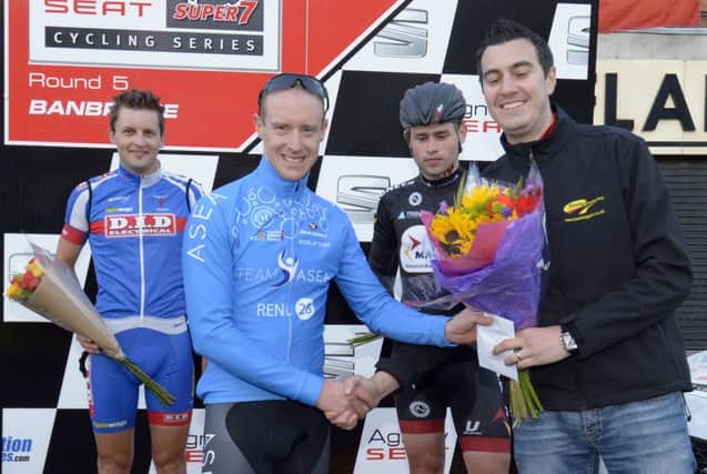 Aaron Wallace presented A1 Race winner Roger Aiken( ASEA) with his prize, included is  Mark Dowling (DID Dunboyne) 2nd and Jake Gray (Nicholas Roche Performance Team) 1st Junior ©Edward Byrne Photography INBL1530-213EB