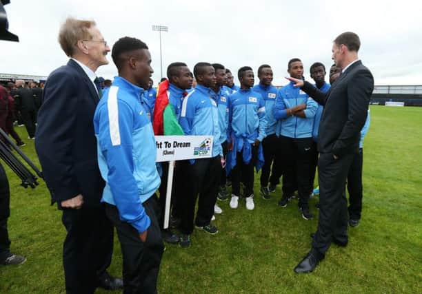 Chris Sutton, former Chelsea and Blackburn striker pictured at Opening Ceremony and Parade at Coleraine Showgrounds  with players from Ghana. Picture by Kelvin Boyes / Press Eye.