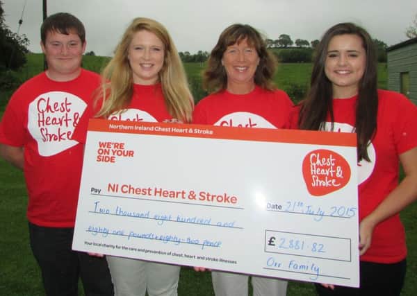 Katie Orr and her family from Banbridge recently presented Northern Ireland Chest, Heart and Stroke with a cheque for almost £3k. Katie organised a 20 mile sponsored walk from Newry to Portadown in memory of her Dad, Neal. Neal passed away 10 years ago and had himself raised over £3k for the charity in 2005 with the same sponsored walk from Newry to Portadown after having recovered from a stroke in 2003. The family,  Katie, her Mum Maria, sister Hannah and brother Alistair would like to thank everyone who supported them in remembering Neal and raising this amazing amount for NICHS.