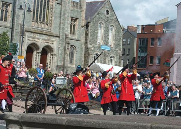pictured during the Pageant which tells the story of the Siege of Londonderry which took place from 1688 to 1689 and lasted 107 days. The event, held ahead of the annual Apprentice Boys Relief of Derry parade on saturday in which 7000 members of the organisation took part accompanied by 144 bands and marked the end of the week long Maiden City Festival. Picture Martin McKeown. Inpresspics.com. 09.08.14