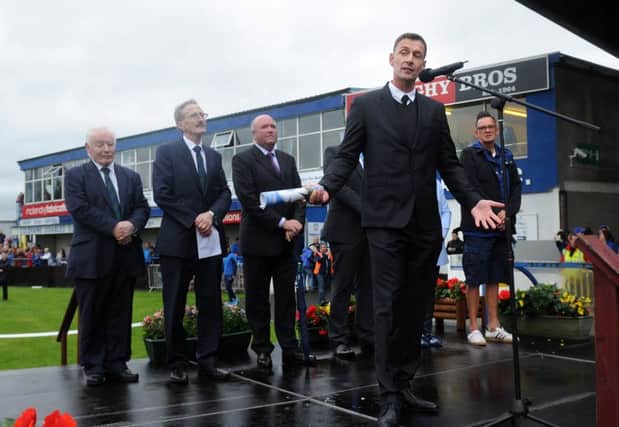 Chris Sutton, former Chelsea and Blackburn striker formally opens the  2015 Milk Cup at Coleraine Showgrounds.  Picture by Declan Roughan / Presseye