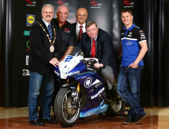 Pictured at the Partnership Launch between Lisburn & Castlereagh City Council and the Ulster Grand Prix are: (l-r) the Mayor, Councillor Thomas Beckett; Noel Johnson, Clerk of the Course, Dundrod & District Motorcycle Club; Jim Rose, Director of Leisure & Community Services; Alderman Paul Porter, Chairman of the Council's Leisure & Community Development Committee and motorcycle rider Dean Harrison.