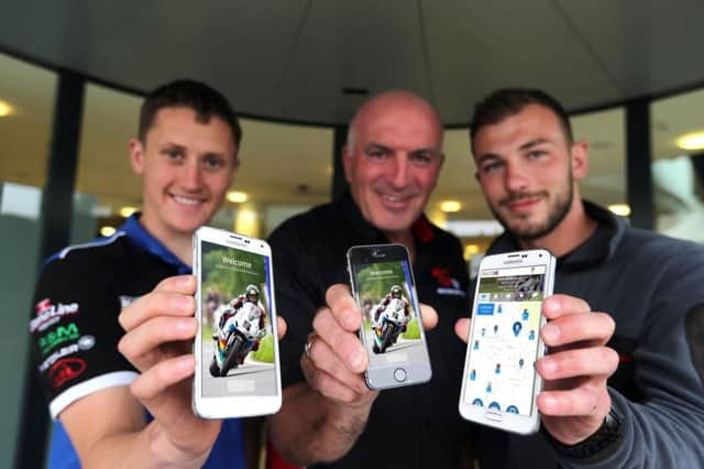 Pictured launching the app are racers Dean Harrison and Paul Jordan with Noel Johnston, Clerk of the Course at the Metzeler Ulster Grand Prix. INUSugp1