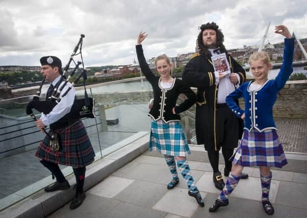 Sollus Highland dancers, Emma and Sophie Killen and piper, Darren Milligan, help a city Governor from the 1600s launch the Maiden City Festival which runs from 1-8 August. INLS3015MC010