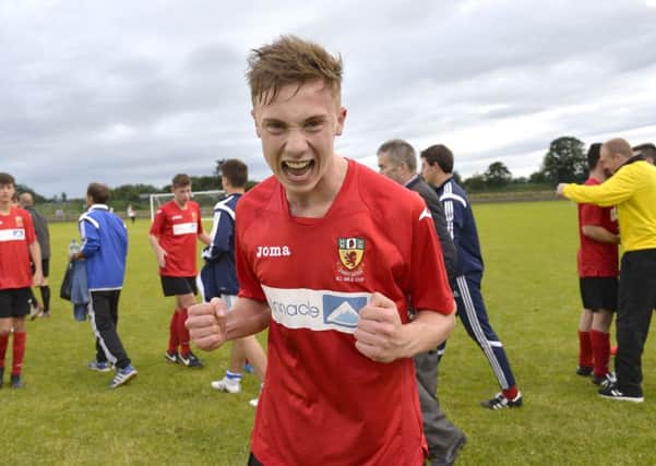 Matthew Shevlin celebrate at the final whistle after County Antrim's 2-0 win over Real Sociedad took them into the Premier Final.
 Picture: Press Eye.