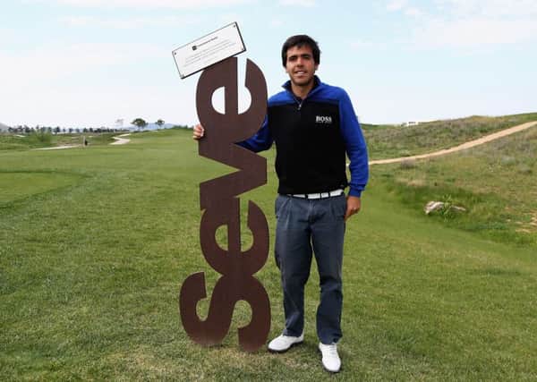 Javier Ballesteros of Spain pictured next to a commemorative sign in recognition to his dad during the Challenge de Madrid at the El Encín Golf Hotel in Madrid, Spain. (Photo by Matthew Lewis/Getty Images)