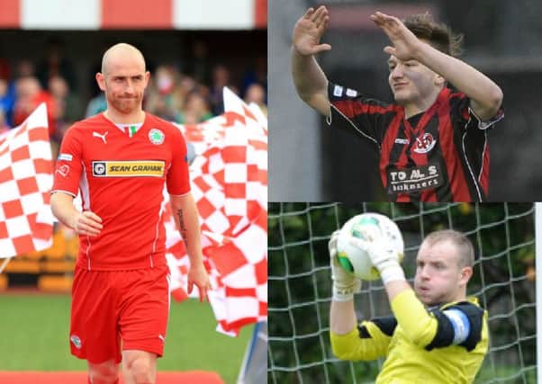 Clockwise: Barry Johnston moved from Cliftonville to Carrick, Curtis Dempster switched from Crusaders to Ballyclare and Paddy Flood left Dixon Park for Larne. INLT 32-913-CON