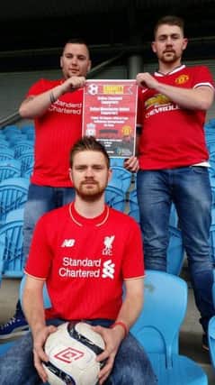 Antonio Getty, Lewis Boyd and Josh Macrory launch the annual Ballee Liverpool v Manchester United supporters charity football match.