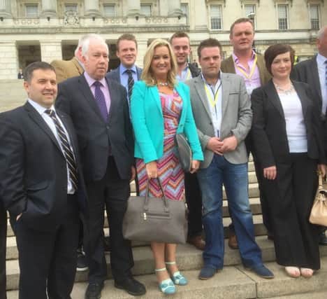 Farmers from the Banbridge area Jonny Matthews, James Stewart, Kyle Savage and Charlie Weir ahead of addressing the committee at Stormont with MLAs including Jo-Anne Dobson and Roberta Simmons, President of the Young Farmers Clubs of Ulster and Vice President James Speers.