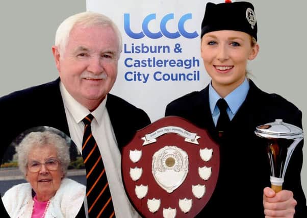 John Kelly (RSPBANI Honorary Vice-President) pictured with Senior Grade Drum Major winner Lauren Hanna (Drumlough Pipe Band) at the Lisburn & Castlereagh City Pipe Band Championships in Moira on Saturday 1st August after she was presented with a shield in memory of Johns mother the late Mary Emily Kelly (inset photo), who died 25 years ago.