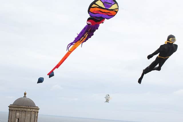 Flying above Mussendan Temple at Downhill Kite Festival.PICTURE MARK JAMIESON.