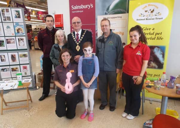 Cllr Billy Ashe, Mayor of Mid and East Antrim with Stephen and Heather McMurray, 7th Heaven Animal Rescue Trust, Anne Patterson, community ambassador and Mark Higgins, department manager from Sainsburys Carrickfergus.  INCT 31-723-CON