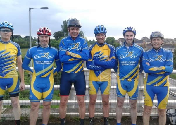 Matthew McKinistry, second left, in a happy mood after winning the road race series, following the final race at Donacloney where he clinched the overall prize, the Imperial Cup. Matthew is with club mates, l-r, Geoffrey Tate, John Clyde, Mark Alexander, Andrew Hodgen and Alistair McCourt.