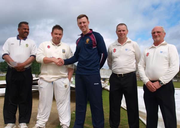 From left to right are, Raj Padmanahan, Third Umpire; Richard Kee, Donemana Captain; Christopher Pierce, Eglinton Captain; Graeme McCrae and Charlie McElwee, Match Umpires pictured ahead of the Senior Cup final toss.