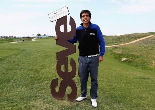 Javier Ballesteros, who is playing at this week's NI Open, is pictured next to a commemorative sign in recognition to his dad during day one of the Challenge de Madrid.