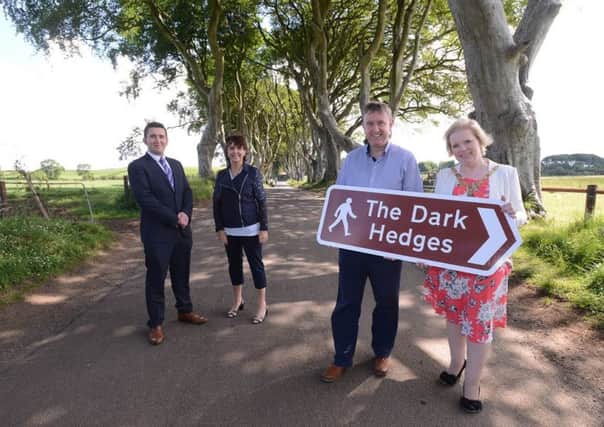 Mayor of the Causeway Coast and Glens Borough Council, Councillor Michelle Knight-McQuillan  at the Dark Hedges with Minister for Social Development, Mervyn Storey MLA, Carol OKane of the Causeway Coast Heritage Trust and Colin Tweed of the Hedges Hotel. INBM33-15