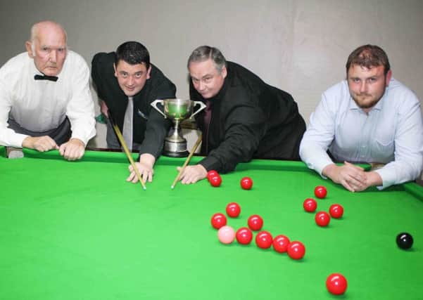 Vincent Graham (second from right), winner of the Nevin Cup, with beaten finalist, Damien Reid, second from left and  Sammy Walker, competition organiser and Daniel McAuley, referee.