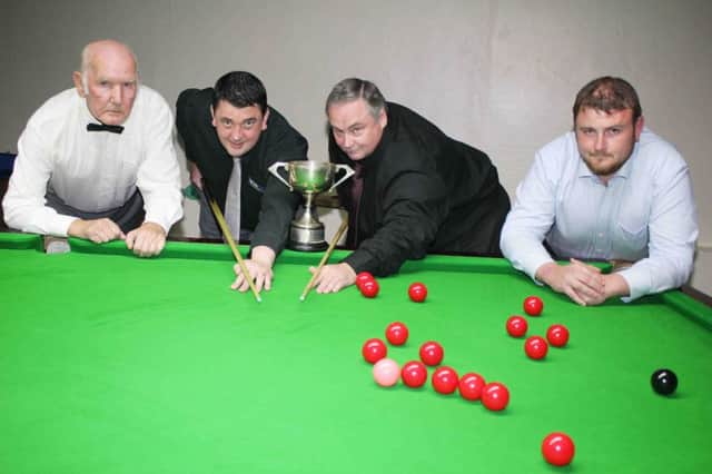 Picture are Damien Reid (second left) and Vincent Grauary (beside him) who played in the final of The Nevin Cup at Potters Snooker Club Long Commons on Wednesday evening. Included are Sammy Walker Senior Offical, and match referee Daniel McAuley.