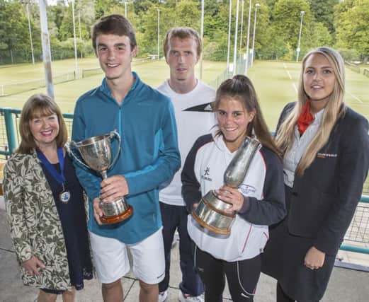 At the Ulster Junior Open at Belfast Boat Club are (left to right):  Ann Gorman, president, Belfast Boat Club; Peter Corrie, under-18 boys winner; Chris Sanlon, tournament director; Caitlin McCullough, under-18 girls winner and Bethany Cole, Clubworld Travel, Carrickfergus. Picture by Bernie Brown. INCT 32-705-CON