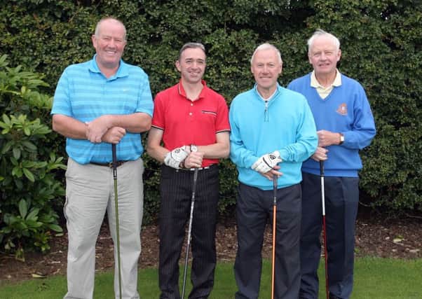 Jock McGarry, Kevin Higgins, Leslie Frew and Brian Logan about to tee off in the Harry Harpur competition at Ballymena Golf Club. INBT33-254AC