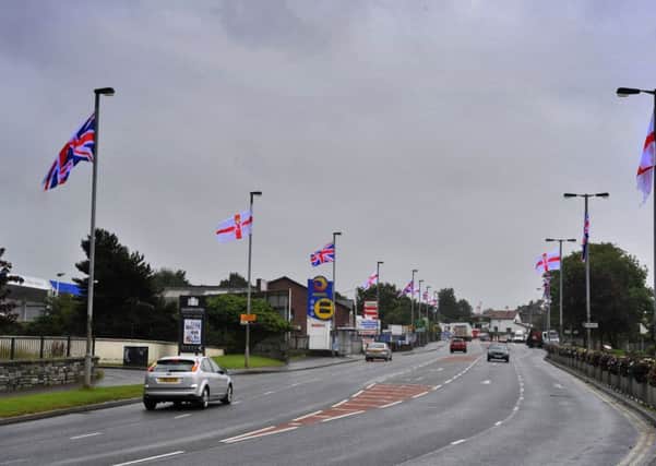 Union flags flying along Glendermot Road in the Waterside. DER3115GS16
