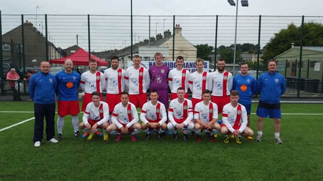 Banbridge Rangers line up for their opening game of the season in their new kit sponsored by IMC Glass.