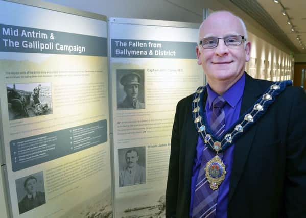 Photographed in the Braid Arts Centre last week at the exhibition on Gallipoli  was the Mayor Billy Ashe.  INBT 33-801H