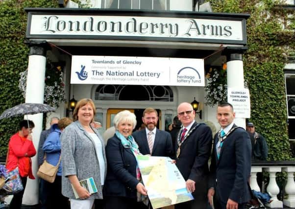 L-R: Cllr Maureen Morrow, Lord Lieutenant of Antrim Joan Christie, Mark Glover from the Heritage Lottery Fund, Mayor Billy Ashe and Deputy Mayor Timothy Gaston. INLT-33-705-con