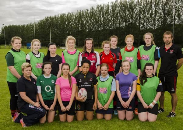 Participants at the Ulster Development Rugby Training for under 15 & under 18 Girls with Coaches Gill Powell and Neal Johnston (Area Development Officer Ulster Branch Womens Rugby) INBM32-15 026BW