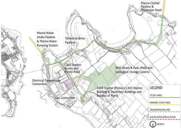 A map of the proposed new Gaelectric CAES station, pipe and well pads. INLT-34-703-con