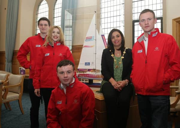 CLIPPER BURSARY RECIPIENTS. . . .The Mayor, Councillor Elisha McCallion pictured with the four Clipper Bursary Recipients at the Guildhall. From left, Conor Shortland, Jilly St. John, Keelin O'Kane and David Pollock. DER1515MC001
