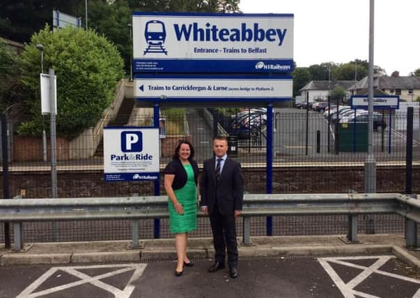 Paula Bradley MLA and Councillor Thomas Hogg at Whiteabbey Train Station. INNT 34-512CON
